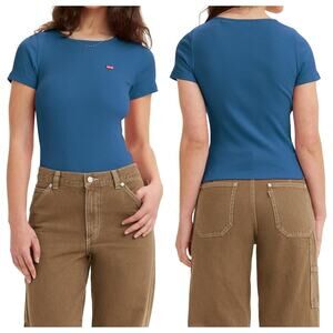 NEW Levi's Ribbed T-Shirt Tee Womens XXL Honey Embroidered Logo Patch Blue